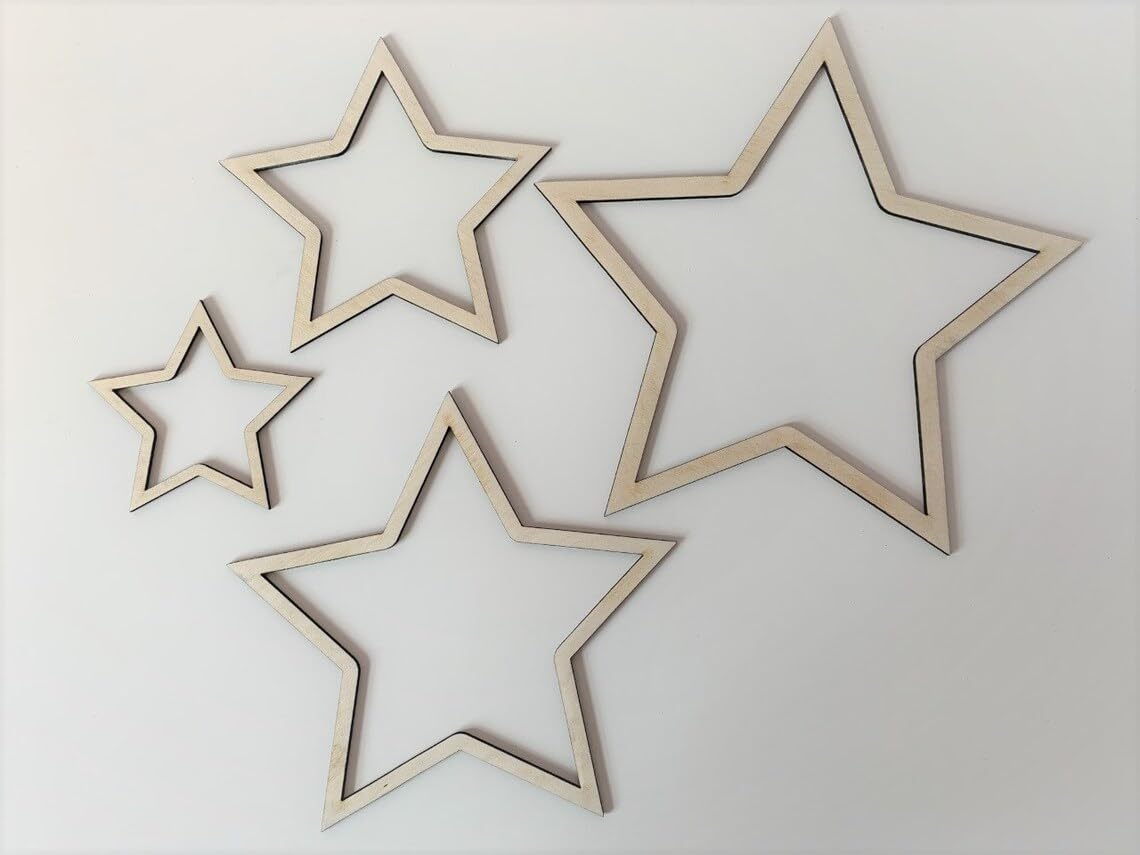 Pack of 4 Wooden MDF Star Outline | Macrame Mobile Base, Nursery Wall Hanging Shapes, DIY Craft Stars for Home Decoration | Sizes 25 CM
