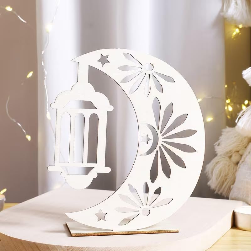 Ramadan Islamic Crescent Moon & Star Tabletop Decor | Wooden Lantern Style Ramadan Mubarak Sign
