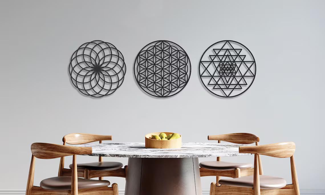3 Pcs Sacred Geometry Wall Decor - 12 Inch Metal Wall Art Set | Flower of Life