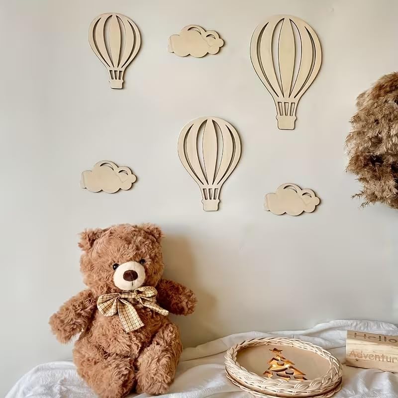 6 Pcs Hot Air Balloon Wooden Wall Decor Set | Pine MDF Nursery Wall Stickers | Balloon & Cloud Wooden Wall Art for Kids Room