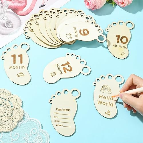 14 Pcs Wooden Baby Monthly Milestone Markers – Footprint Shaped Newborn Photo Prop