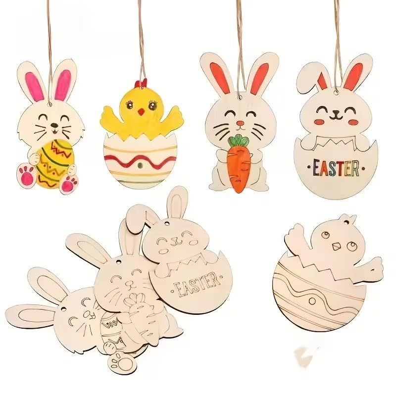 8 Pcs Wooden Easter Ornaments Set – Bunny, Chick & Egg Hanging Decorations