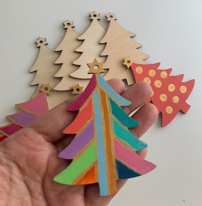 Haoser MDF Decorative Hanging orgnaments for chirtmas Craft, Unfinished Wood Cutouts Christmas Decoration DIY Crafts Wooden Christmas Tree MDF Christmas Ornaments - Haoser