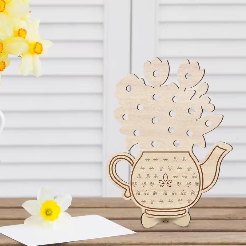 2D Flat Wooden Flower Stand with Teapot Design | DIY Craft Board & Floral Display Base | Decorative Wooden Plaque