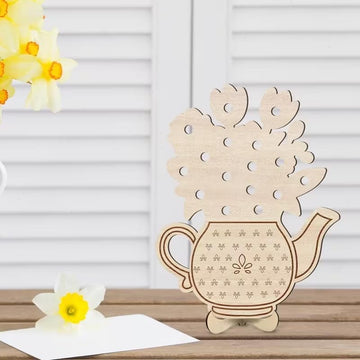 2D Flat Wooden Flower Stand with Teapot Design | DIY Craft Board & Floral Display Base | Decorative Wooden Plaque