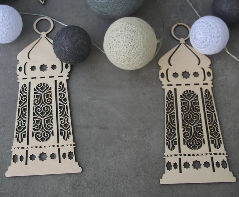 Curious Button Pack of 2 pcs Ramadan Mubarak Lantern Laser Cut Wood Ramadan lamp Ramadan Decor Ramadan Wall Decors Mubarak Ramadan Islamic Gift Islamic Wood Lantern