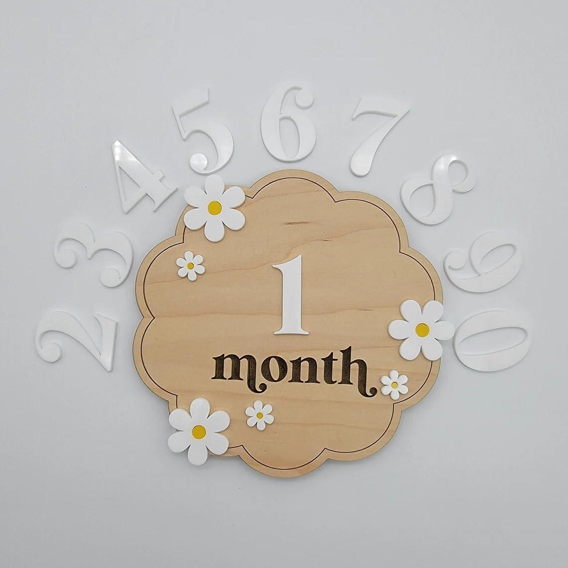 Haoser Wooden Baby Milestone Cards with Daisy Accents,2 Disc. (Month & Months-12 Numbers)
