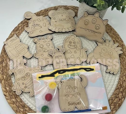 Pack of 10 Wooden Monster Birthday Party Favor Magnets – DIY Craft Kit for Kids