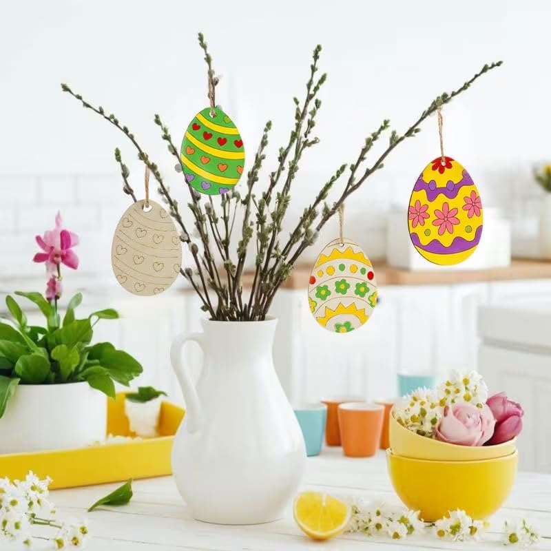 12 Pcs Wooden Easter Hanging Ornaments Set – Unfinished DIY Easter Egg & Bunny Cutouts with Hanging Rope