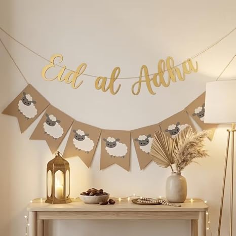 Eid Al Adha Banner Set, Golden Letter "Eid Al Adha" Banner with Cute Sheep Bunting, Rustic Kraft Paper Eid Al-Adha Party Decorations, Islamic Festival Eid Mubarak Home Wall Hanging Decor Supplies