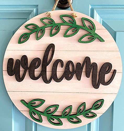 Haoser 10" in Welcome Wood Cutout Sign Farmhouse Front Door Sign with Hole, Wall Hanging Pendant Ornament for Home Restaurant Bar Coffee Halloween (H-BP3-CRCLWLCM_Beige_10 in) - Haoser
