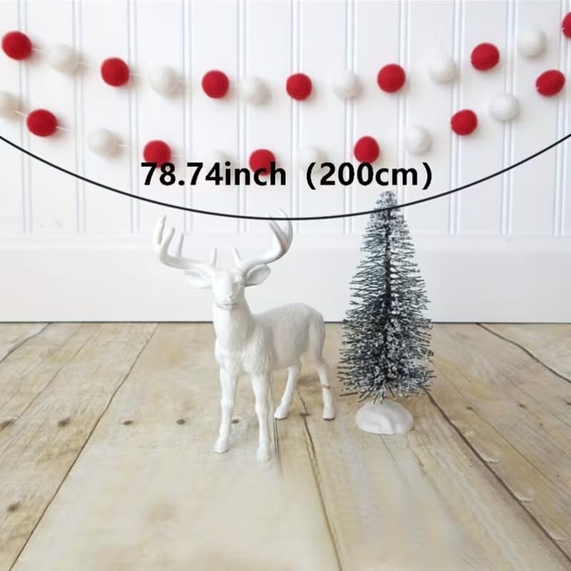 2 pcs Red & White Felt Pom Pom Garland – 3.28 Ft Each (6.56 Ft Total) | Handmade Christmas Tree & Mantel Decoration, Holiday Wall Hanging, Festive Party Supplies & Home Seasonal Décor