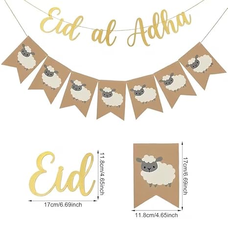 Eid Al Adha Banner Set, Golden Letter "Eid Al Adha" Banner with Cute Sheep Bunting, Rustic Kraft Paper Eid Al-Adha Party Decorations, Islamic Festival Eid Mubarak Home Wall Hanging Decor Supplies