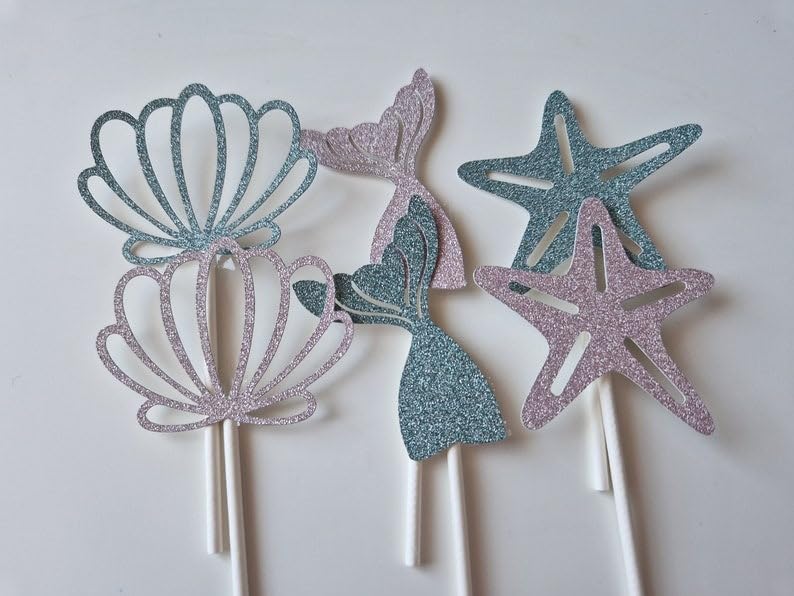 Set of 6 Mermaid Tail Cupcake Toppers for Girls Birthday | Magical Under The Sea Cake Decorations
