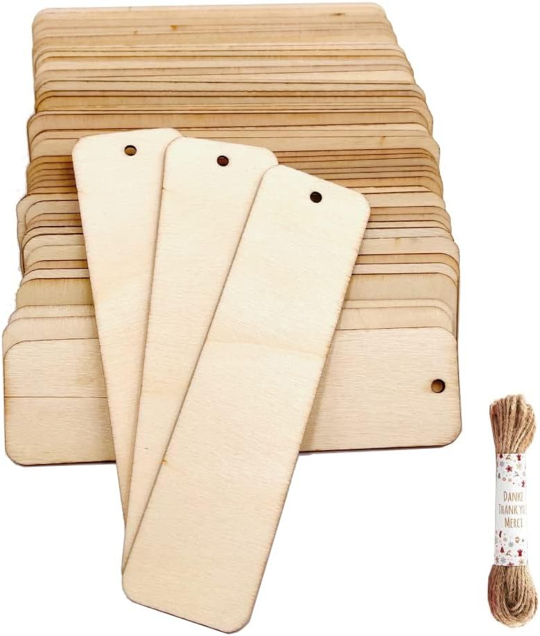 Pack of 25 Wooden Rectangle Name Tags with Hole | Unfinished Pine MDF Wood Wine Tags | Unfinished Wooden Name Tags | Blank Wood Cutout Labels | 4.7 x 1.26 Inch