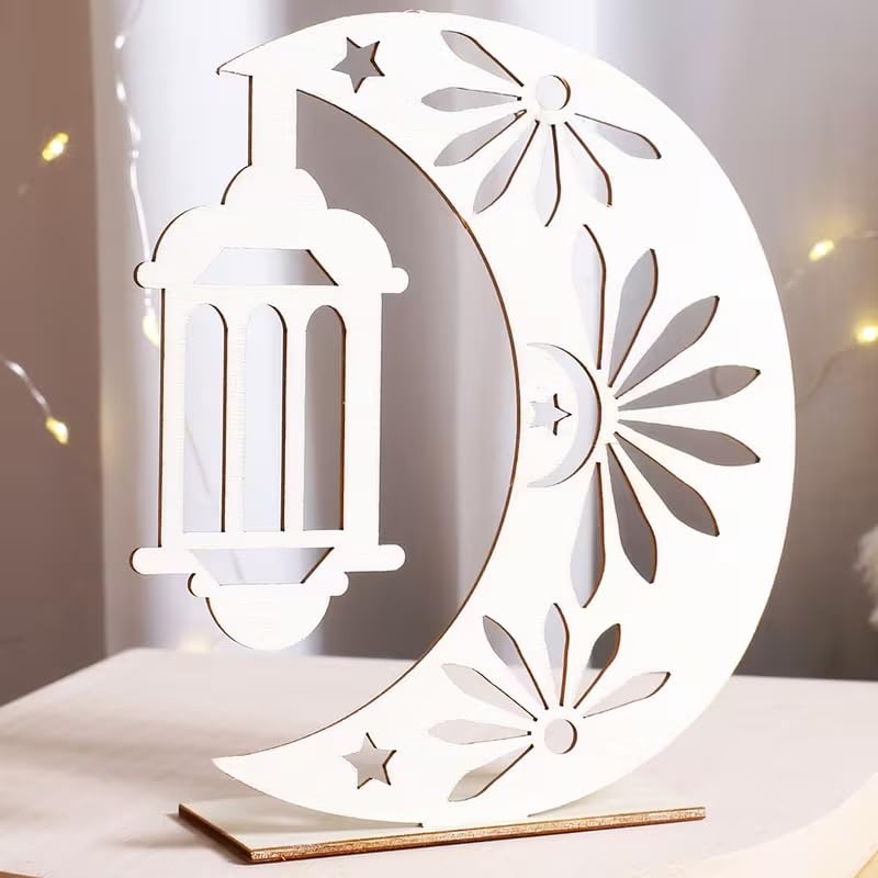 Ramadan Islamic Crescent Moon & Star Tabletop Decor | Wooden Lantern Style Ramadan Mubarak Sign