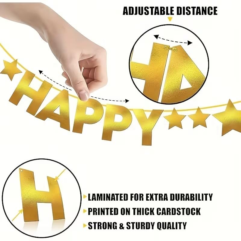 Golden Happy New Year Banner – Paper Party Decoration, 6 Ft Festive Hanging with Golden Stars & Happy New Year Letters, Easy Adhesive Hanging Strips, Durable Indoor Outdoor Celebration Décor