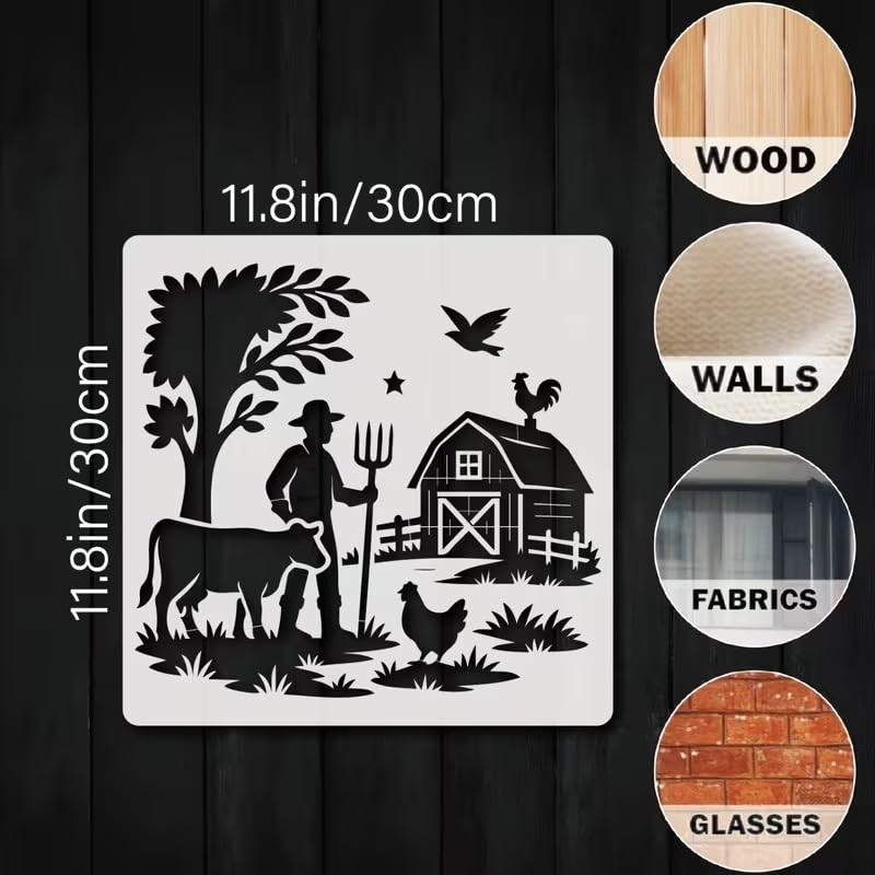Rustic Farm Life Wall Painting Stencil 11.8 Inch | Reusable Craft Stencil | Farmer Cow Barn Template for Wall Art