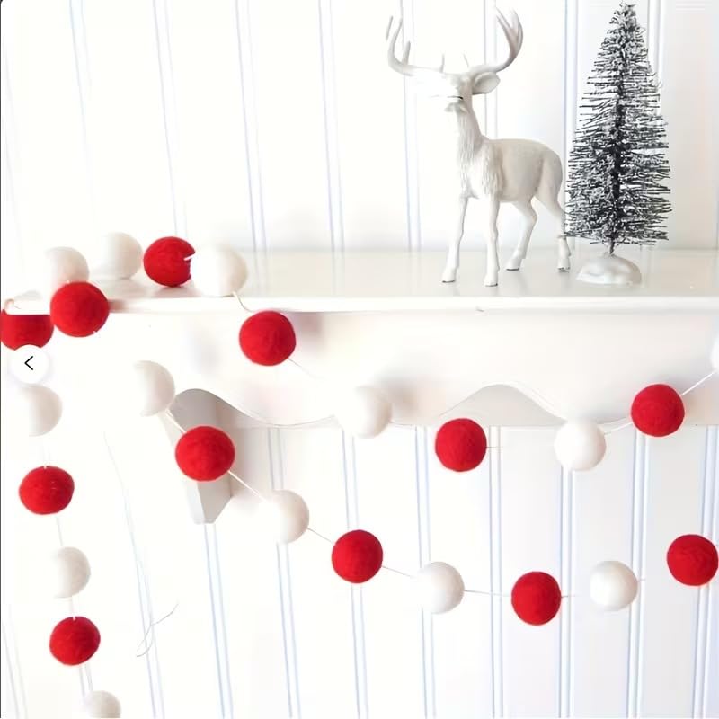2 pcs Red & White Felt Pom Pom Garland – 3.28 Ft Each (6.56 Ft Total) | Handmade Christmas Tree & Mantel Decoration, Holiday Wall Hanging, Festive Party Supplies & Home Seasonal Décor