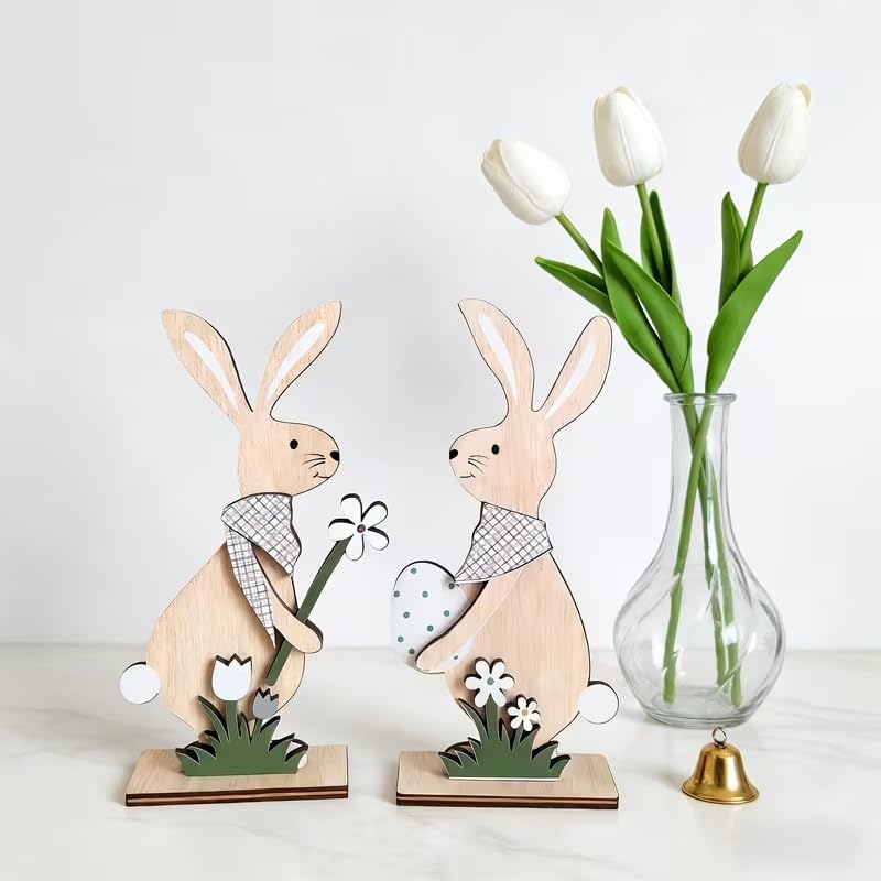 2 Pcs Easter Wooden Rabbit Plaque Decoration – Bunny & Egg Spring Table Decor