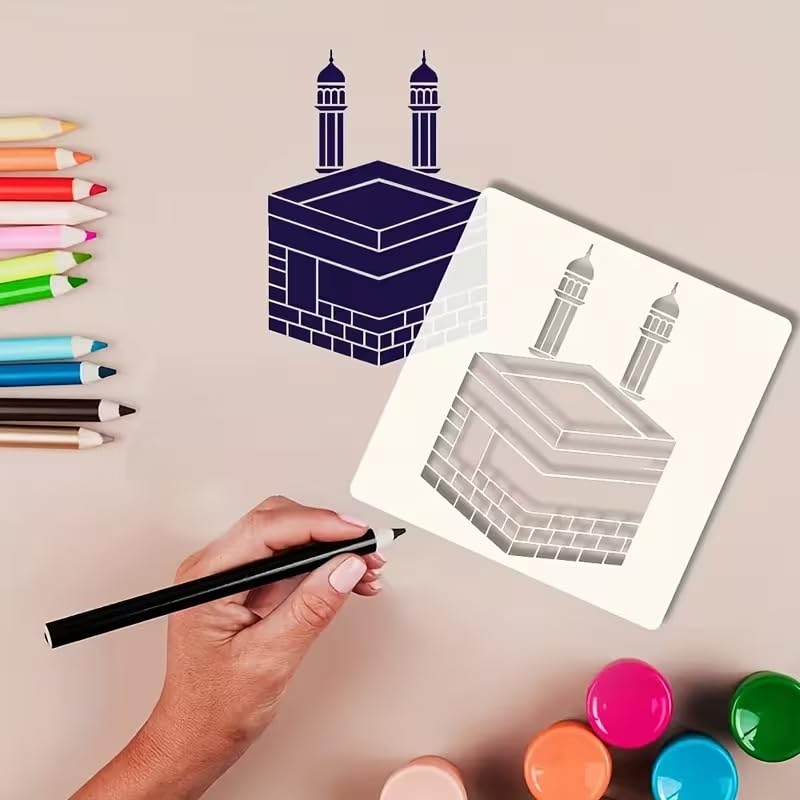 KAABA Islamic Stencil 6x6 Inch | Arabic Kaaba Design Reusable Plastic