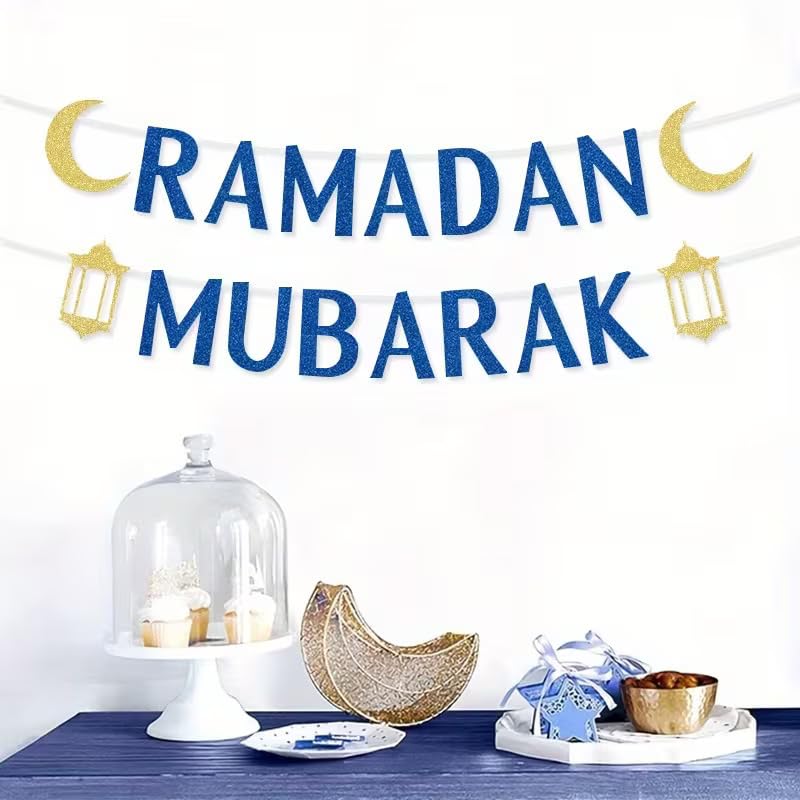 Ramadan Mubarak Paper Banner with Glitter Moon & Lantern | Islamic Eid al-Fitr & Ramadan Party Decorations | English Text Hanging Banner for Muslim Home, Mosque & Iftar | Letter Height 5.91 Inch (Bule)