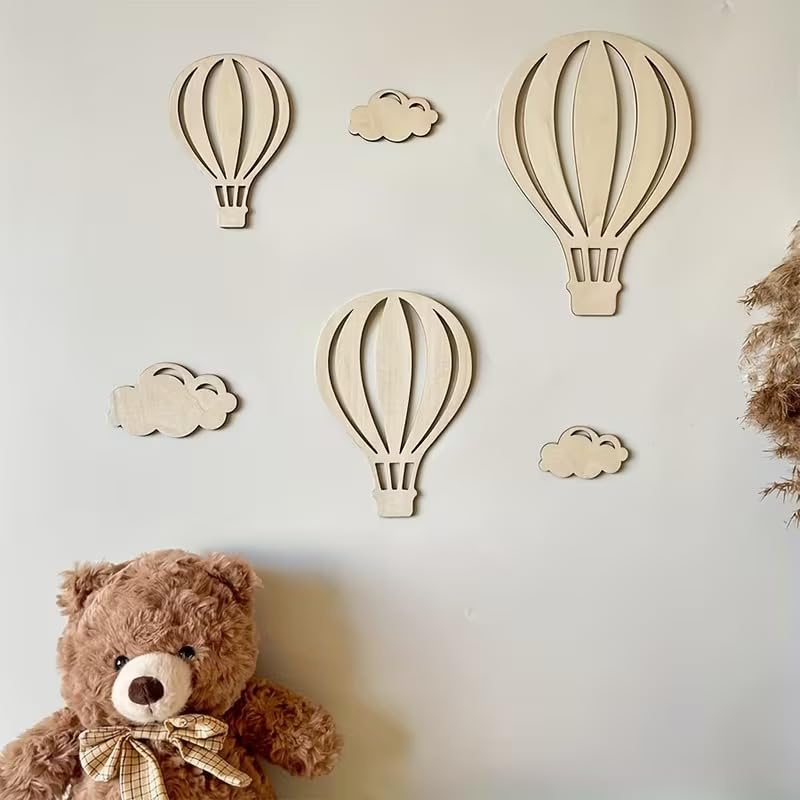 6 Pcs Hot Air Balloon Wooden Wall Decor Set | Pine MDF Nursery Wall Stickers | Balloon & Cloud Wooden Wall Art for Kids Room