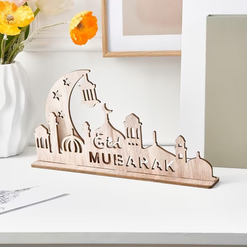 Wooden Moon Castle Table Decor with Star Cutouts | 3D Islamic Ramadan & Eid Mubarak