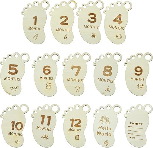 14 Pcs Wooden Baby Monthly Milestone Markers – Footprint Shaped Newborn Photo Prop