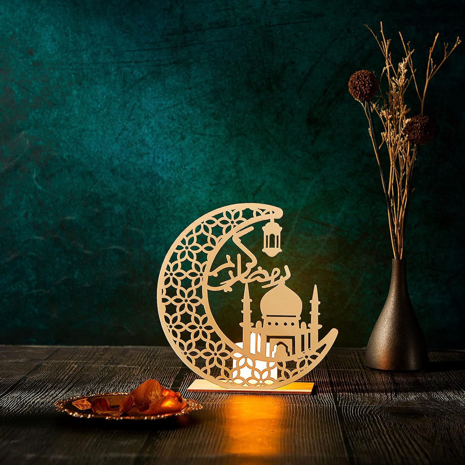 Eid Crafts Night Light Ramadan Mubarak Wooden Moon Lamp | Pine MDF Islamic Table Decor Light for Eid Al-Fitr Ramadan | Muslim Home Decoration Night Lamp | 5.8 x 5.5 Inch