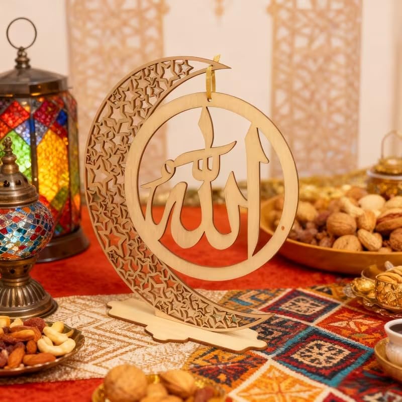 Wooden Ramadan Eid Mubarak Ornament | Islamic Allah Moon & Star Decor | Muslim Home Prayer Decoration | Ramadan Kareem