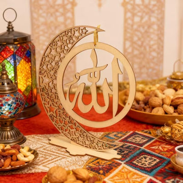 Wooden Ramadan Eid Mubarak Ornament | Islamic Allah Moon & Star Decor | Muslim Home Prayer Decoration | Ramadan Kareem