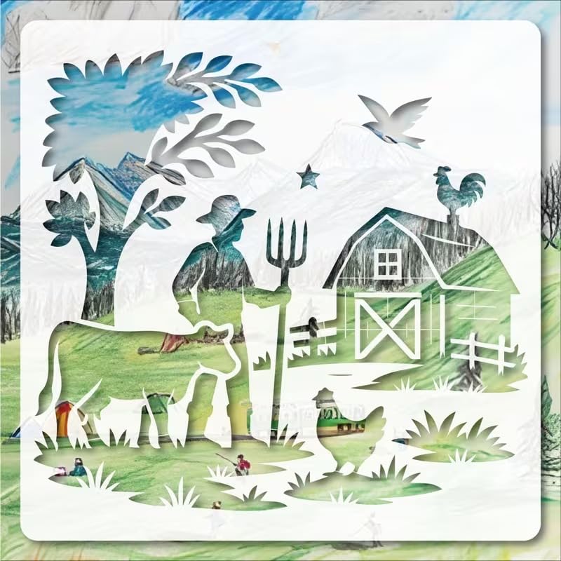 Rustic Farm Life Wall Painting Stencil 11.8 Inch | Reusable Craft Stencil | Farmer Cow Barn Template for Wall Art