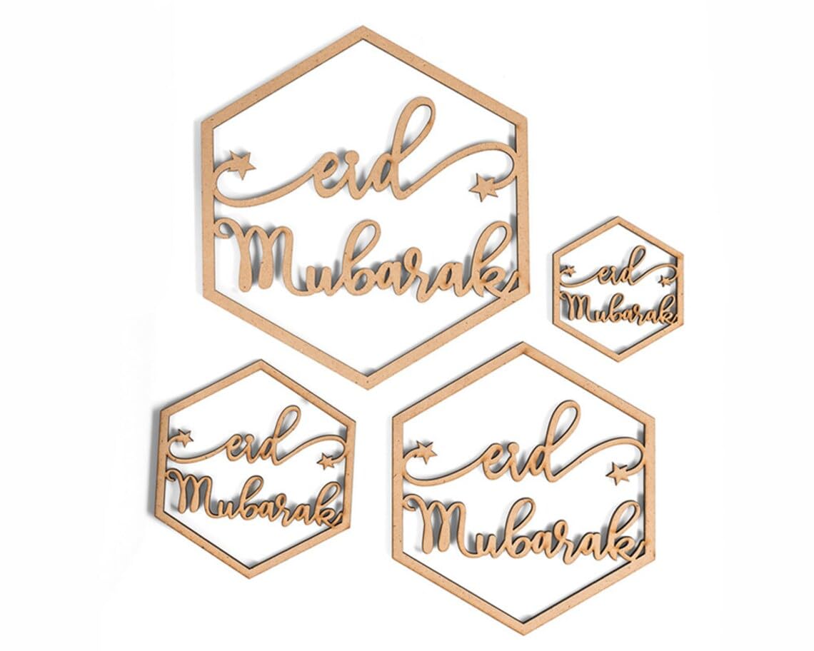 Curious Button Pack of 6 pcs Hexagon Eid Mubarak Hanging Ornaments Decorations Sign Ramadan Kareem Sign Blessed Ramadan Sign Eid Mubarak Islamic Gifts Islamic Wooden Signs.