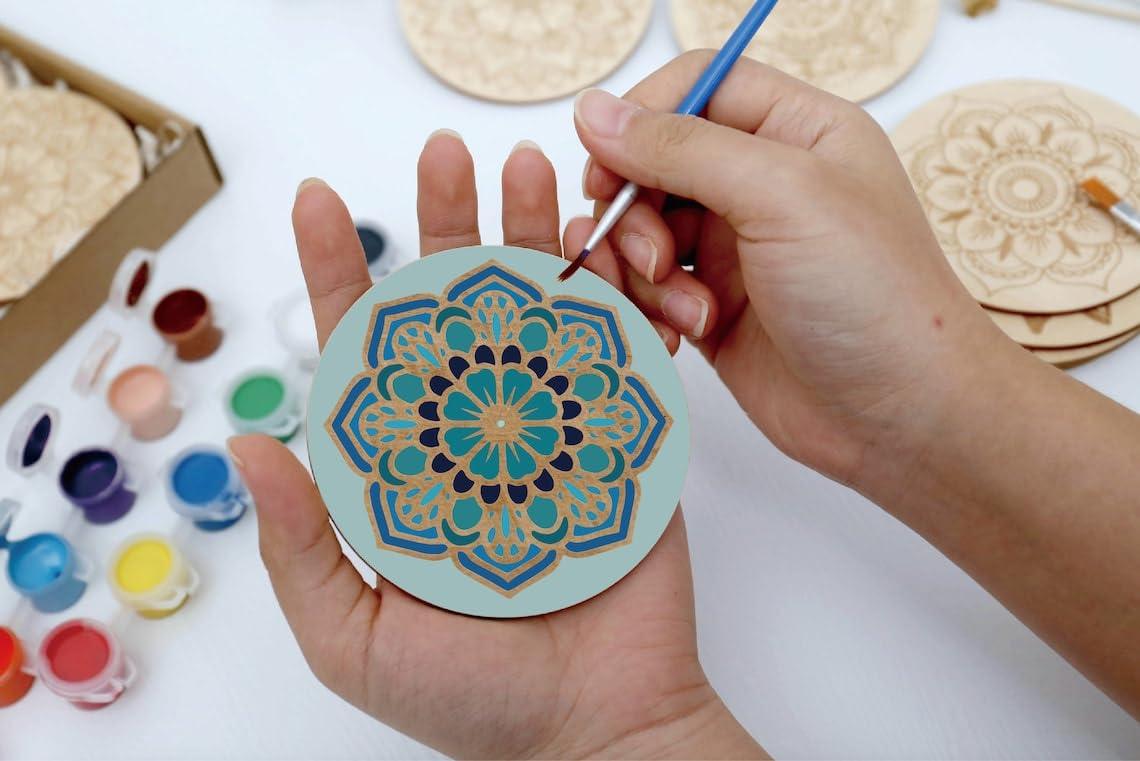 Curious Button Unfinished Wooden Mandala Coaster for DIY, 10cm Pack of 4 Round Wooden Pine MDF Cutouts Unfinished Engraved Coaster Cutouts, Painting Wood Craft, MDF Plains, DIY Art Work (Pattern-A) - Haoser