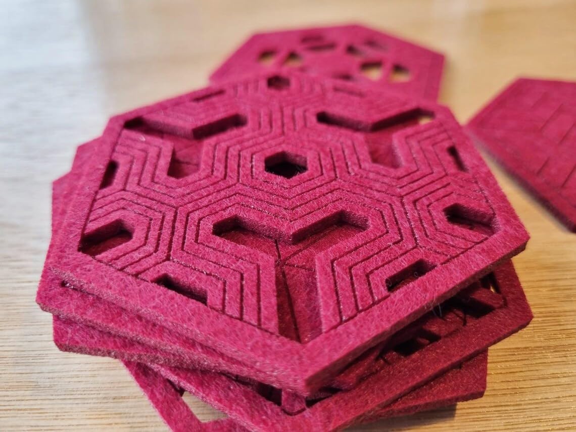 Geometric Felt Coasters – Set of 9 Red Hexagonal Felt Coasters | 4 Inch, Modern Drink Coasters for Table Decor & Furniture Surface Protectio