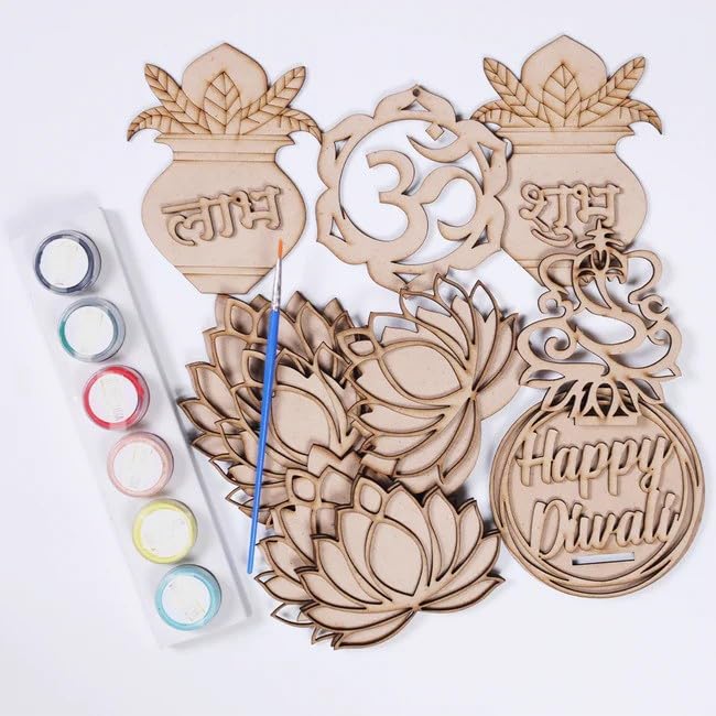 10 Pcs Wooden Diwali DIY Kit – 5 Inch Unfinished MDF Craft Set for Diwali Decoration