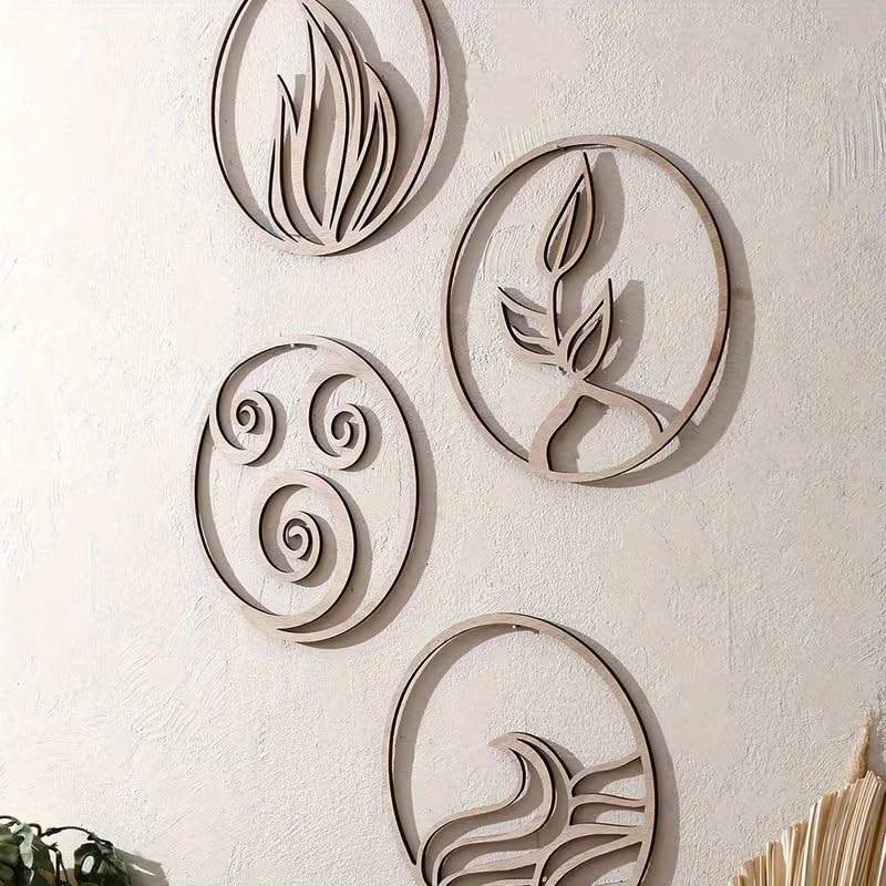 Set of 4 Bohemian Wooden Round Leaf Wall Decor | 2D Flat Decorative Wall Art Panels