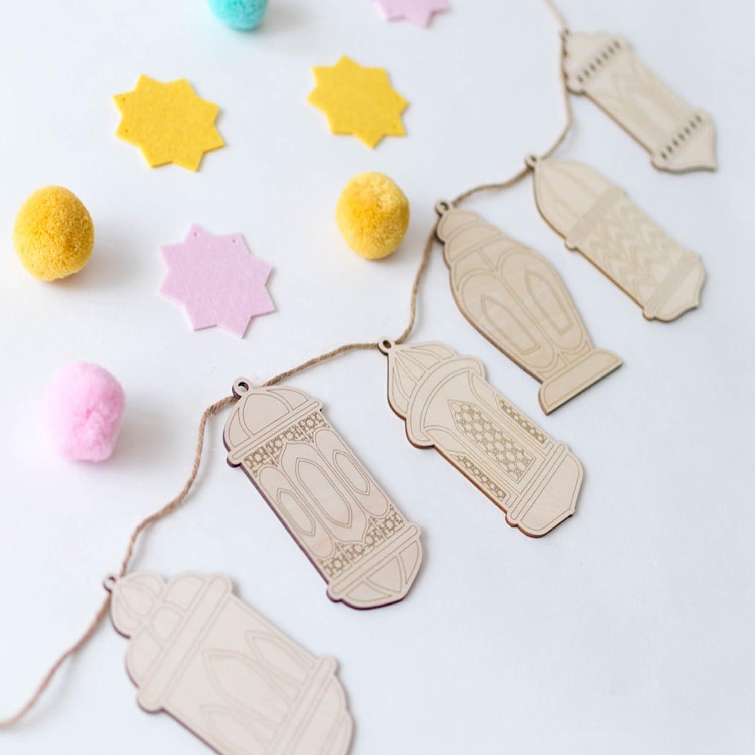 Curious Button Unfinished Wooden DIY Craft Banner Lantern Shape, Paint Your Own Lanterns, Eid Gifts Wooden Decorative Items, Ramadan Wooden DIY Craft Lantern Cutouts - Haoser