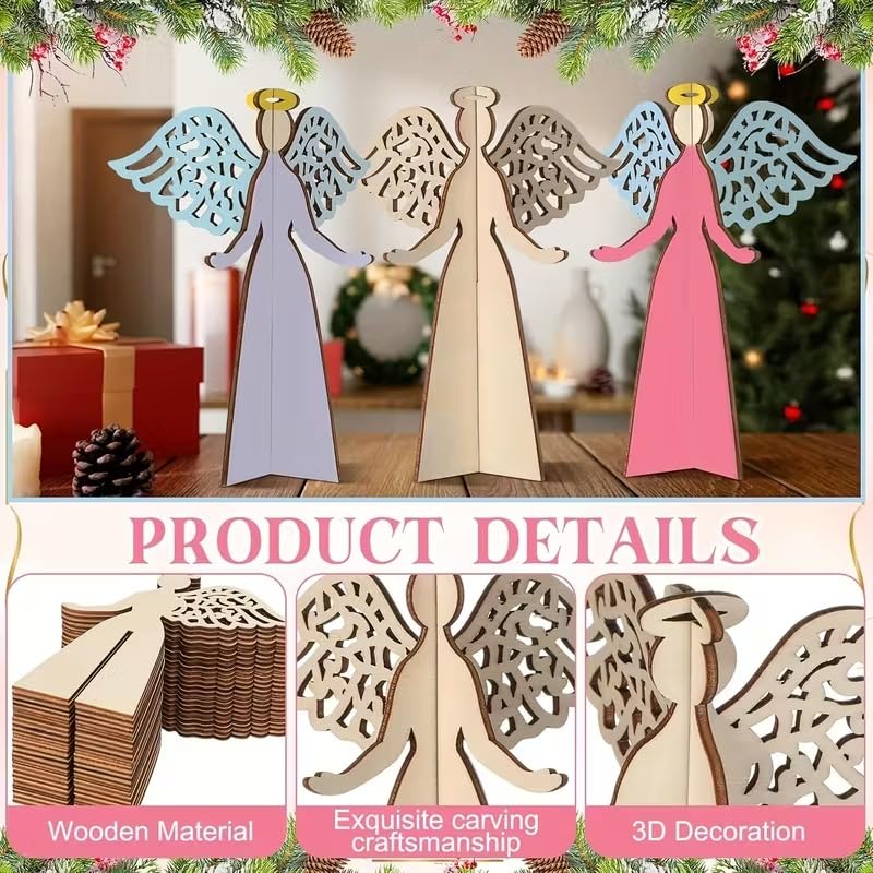 5 PCS Wooden 3D Angel Craft Set – DIY Paintable Christmas Figures with Intricate Wing Designs