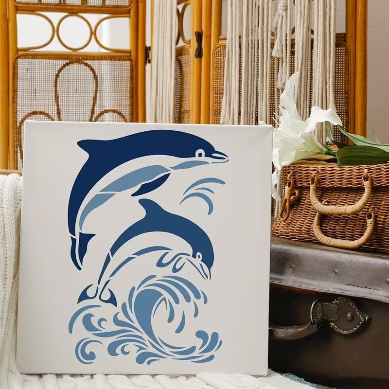 Dolphin Stencil Template | Ocean Theme Swimming Dolphin & Wave Design | DIY Craft Stencil for Wall, Floor, Tile, Fabric & Paper Painting - 29.72 x 21.08 cm