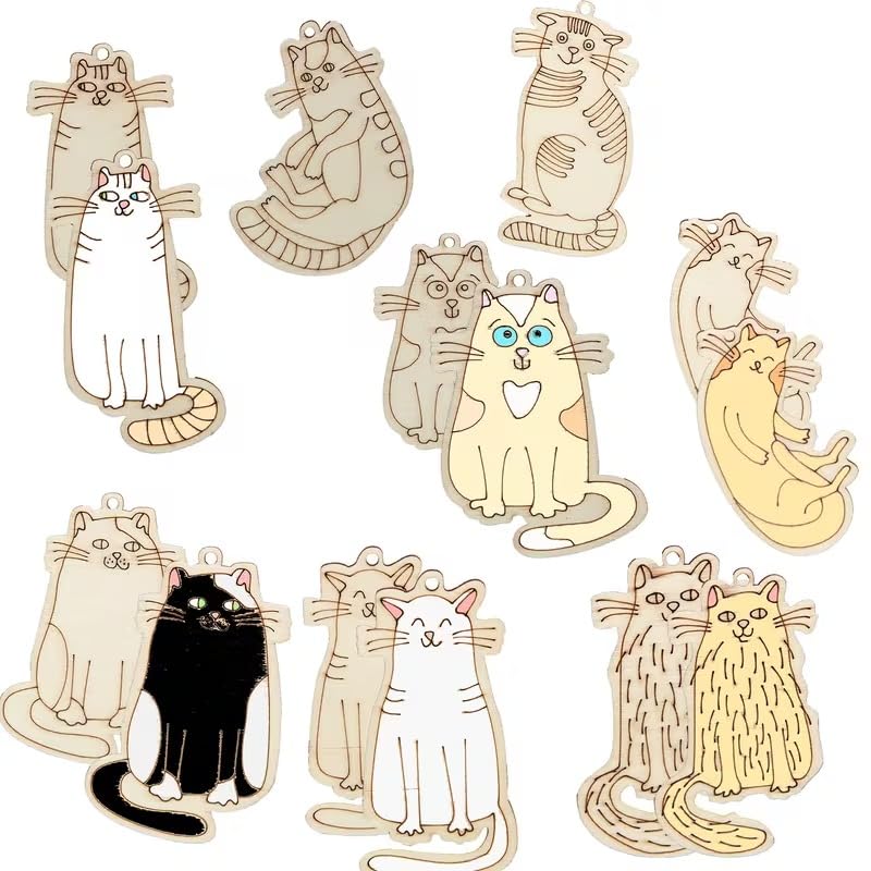 16 Pcs Wooden Cat Ornaments – Unfinished Pine MDF Hanging Shapes