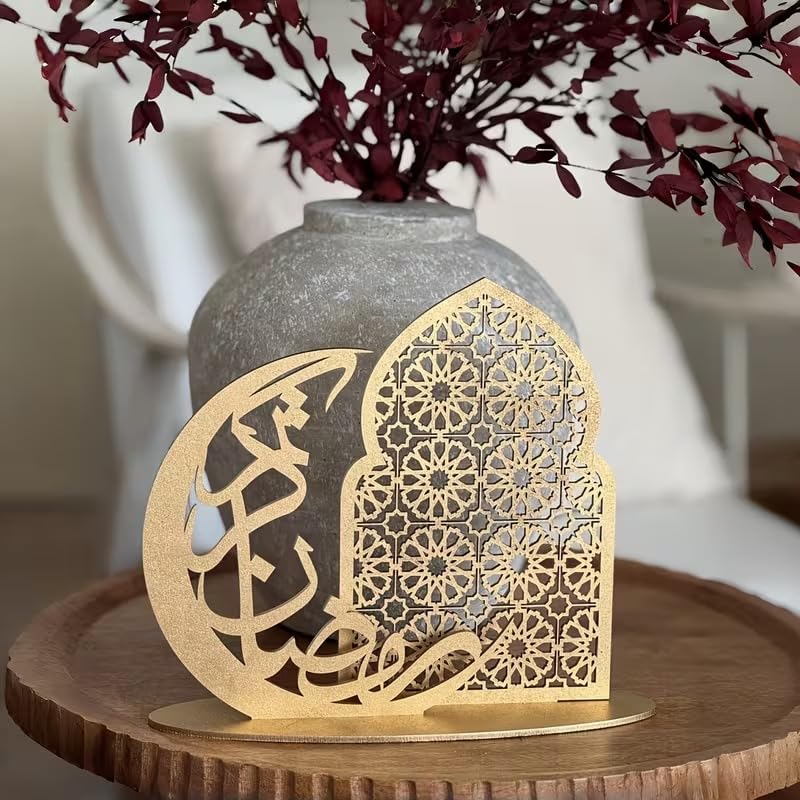 Ramadan Mubarak Wooden Tabletop Decor | Islamic Eid Al Fitr Decorative Sign | Crescent Moon Mosque Design