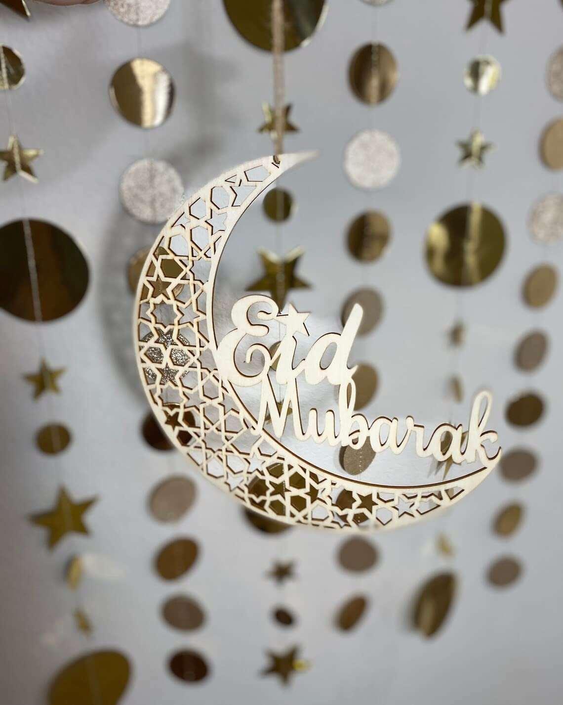Haoser 12 Inches Hight Ramadan Decoration- Wooden Decoration- Eid Mubarak Wooden Laser Cutout Hanging Decor - Haoser