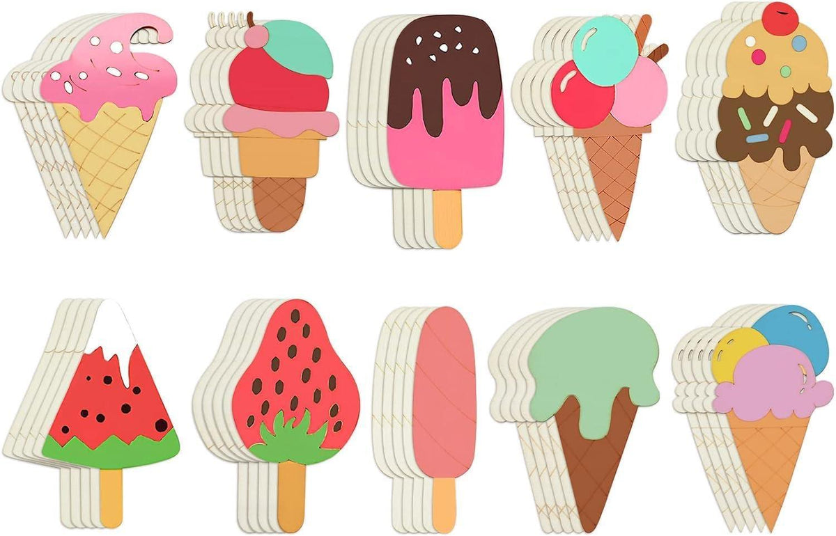 Haoser 10 PCS Unfinished Ice Cream Wood Cutouts 10 Styles Summer DIY Blank Unfinished Wooden Cutouts for Crafts Ice Cream Ornament for Kids Painting, DIY Crafts Home Decoration,Kids Art and Craft kit - Haoser