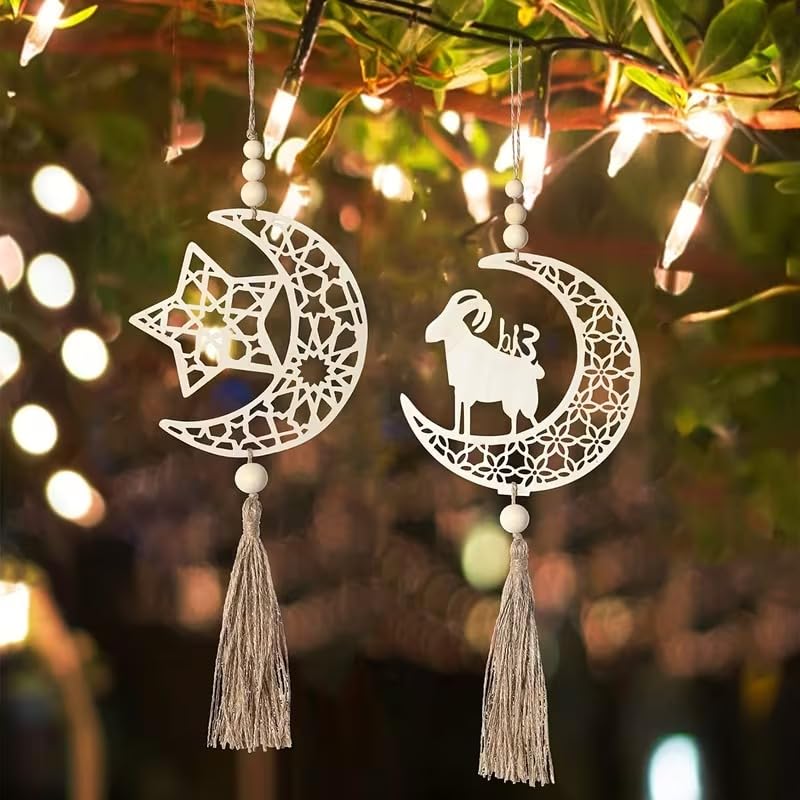 Ramadan Wooden Star & Moon Hollow Ornaments | Eid Mubarak Hanging Pendants