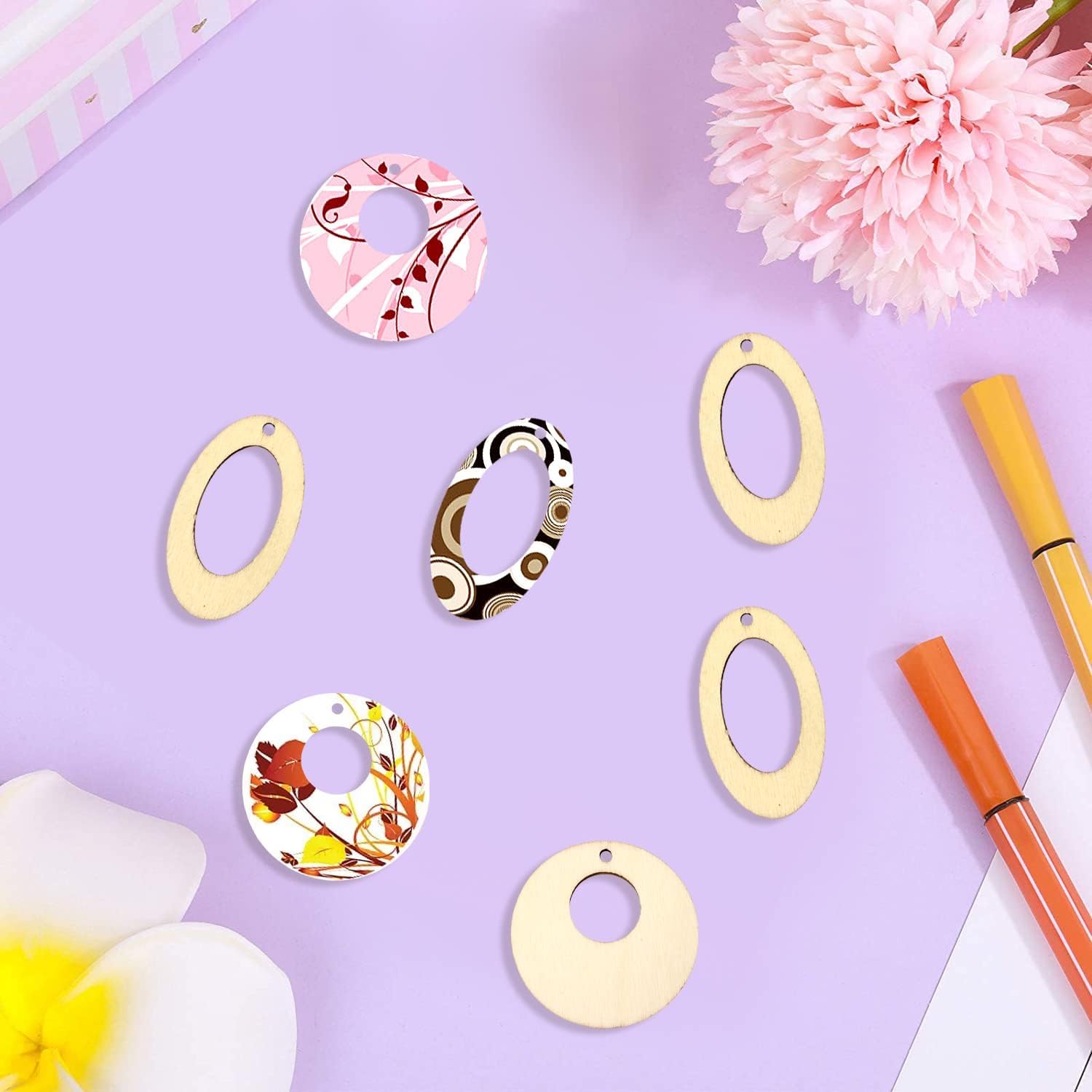 100 PCS Geometric Wooden Earring Pendants – 2 Styles Round & Oval