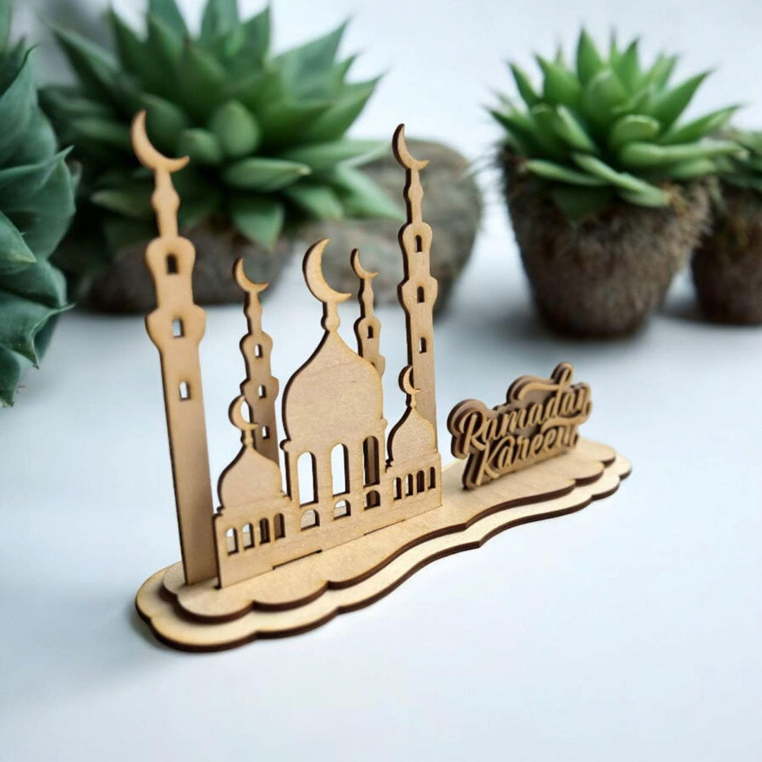Curious Button Set of 1 Wooden Eid 3D Mosque Home Décor Interchangeable Sign, Eid Mubarak Islamic