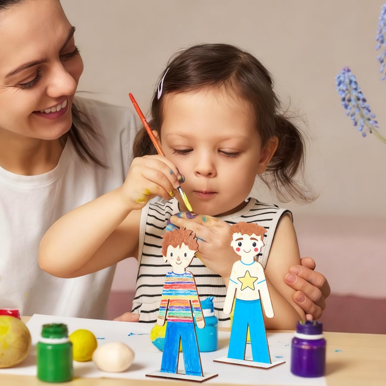 20 Pcs Wooden People Cutouts Unfinished People Centerpieces Boy Girl Slices Graffiti Painting