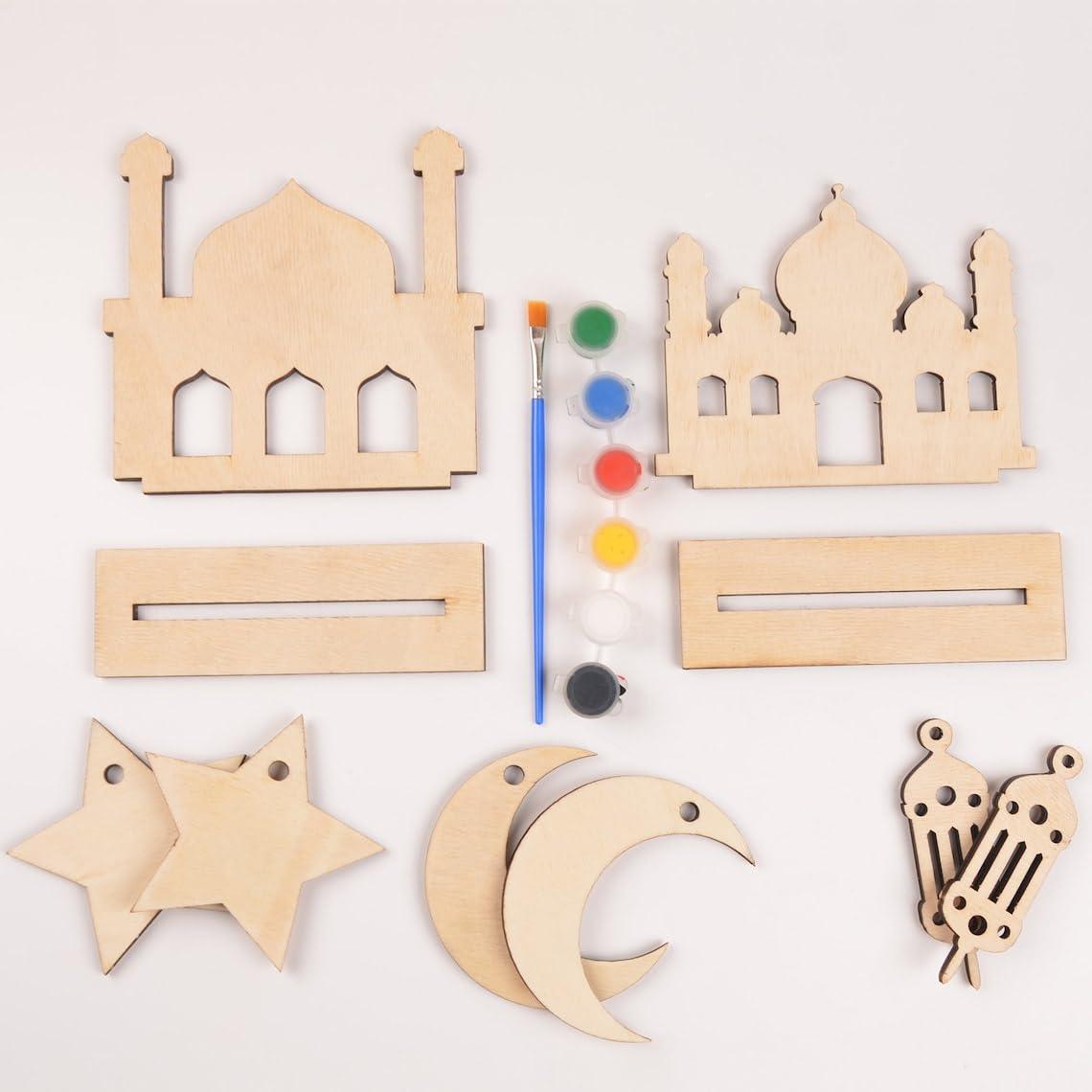 Curious Button Beautiful DIY Wooden Masjid Shape for Home Decoration, Eid Preparation, Ramadan Decoration Eid Gifts Islamic Decoration Gifts, Paint Your Own Banner (Masjid, Moon, Star, Lantern) - Haoser
